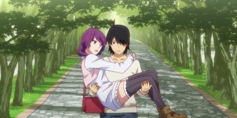 Araragi membawa Senjougahara di Seri Monogatari.