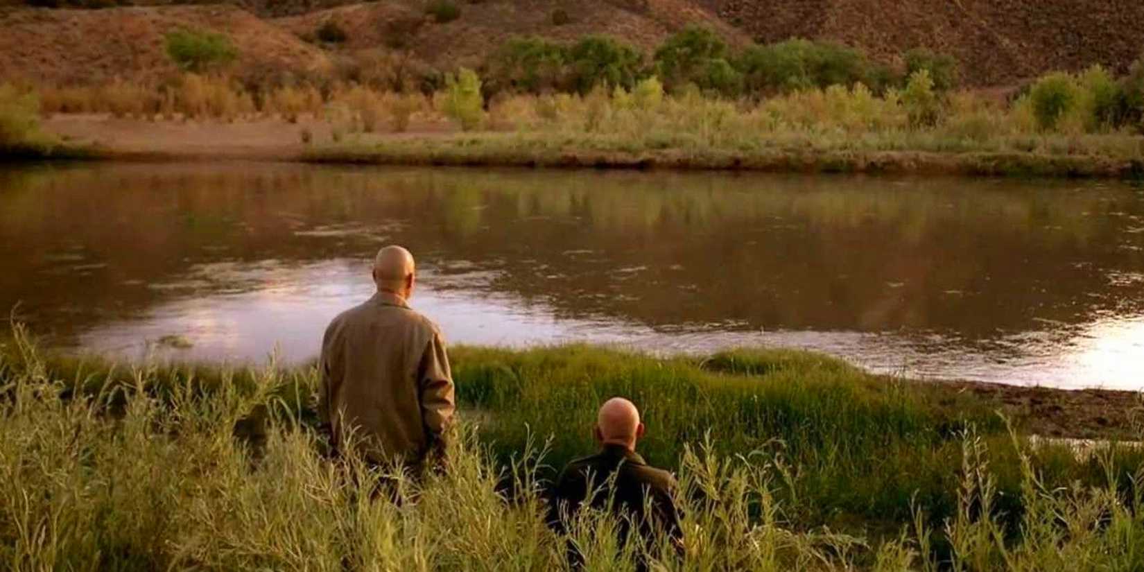 Mike and Walt outside, looking out at a river, in season 5 of Breaking Bad - Say My Name (2012).