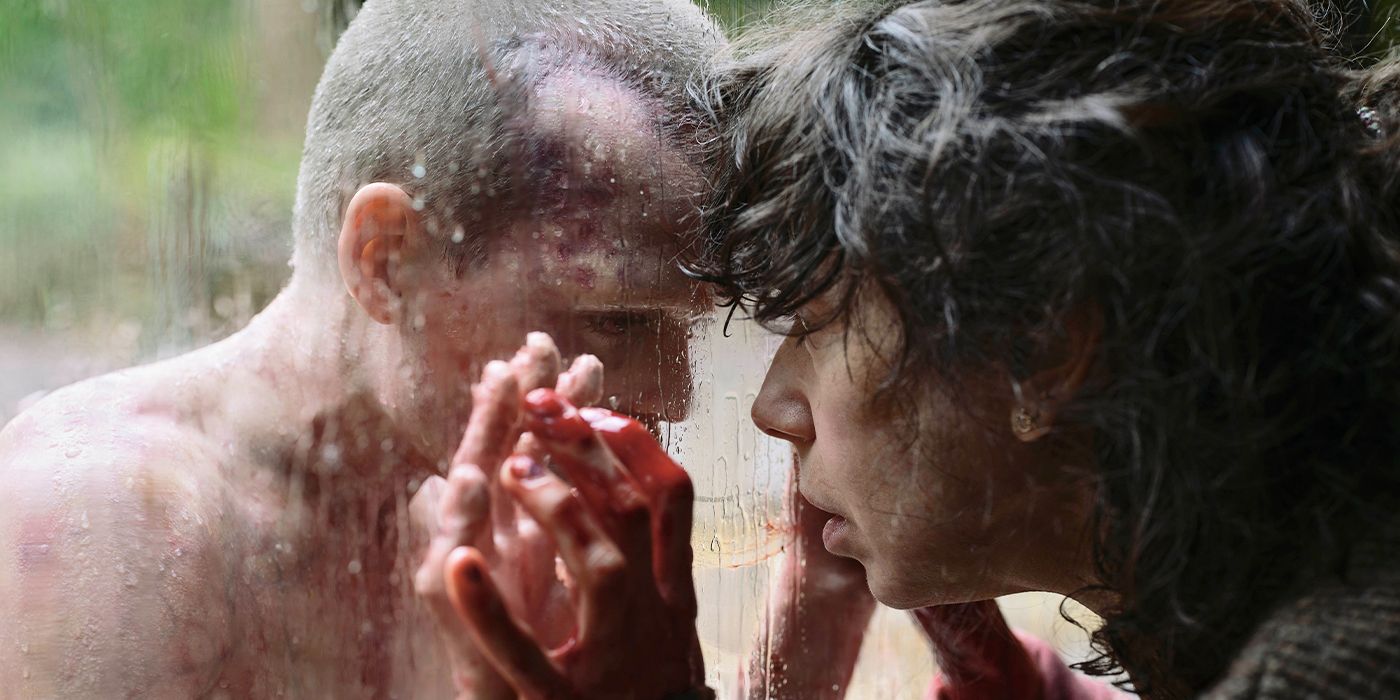 Jonah Wren Phillips as Oliver looking at Sally Hawkins through a glass window in a scene from Bring Her Back.