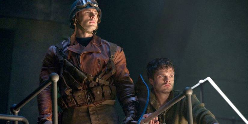 Captain America and Bucky standing at a railing in Captain America: The First Avenger.