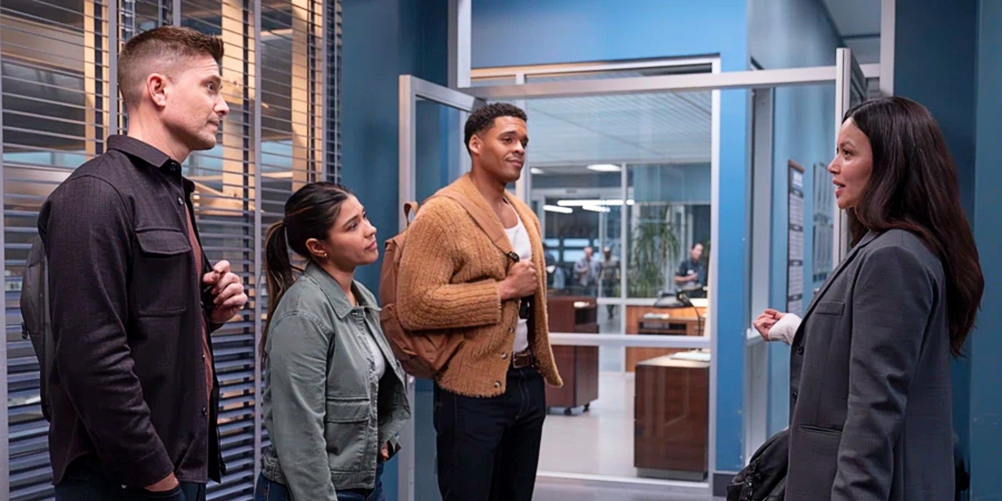 Tim Bradford, Celina Juarez, and Miles Penn standing and facing Lucy Chen in the Season 7 finale of The Rookie