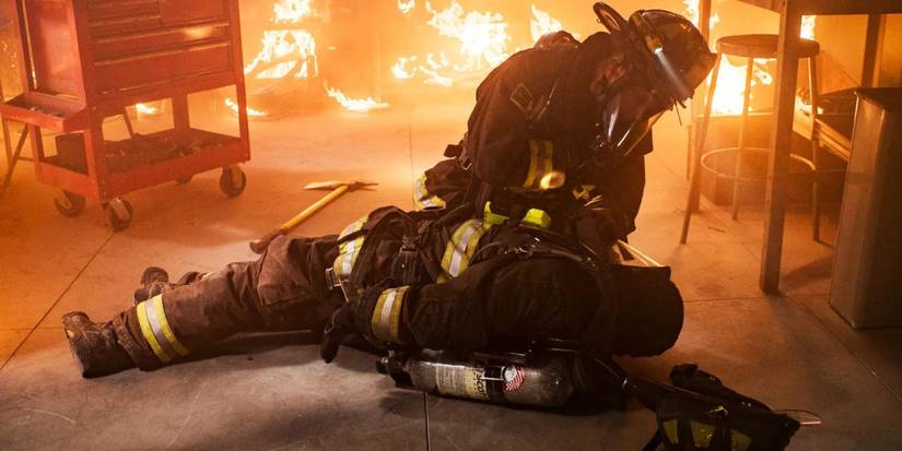 The firefighters are caught inside a blaze on 'Chicago Fire.'