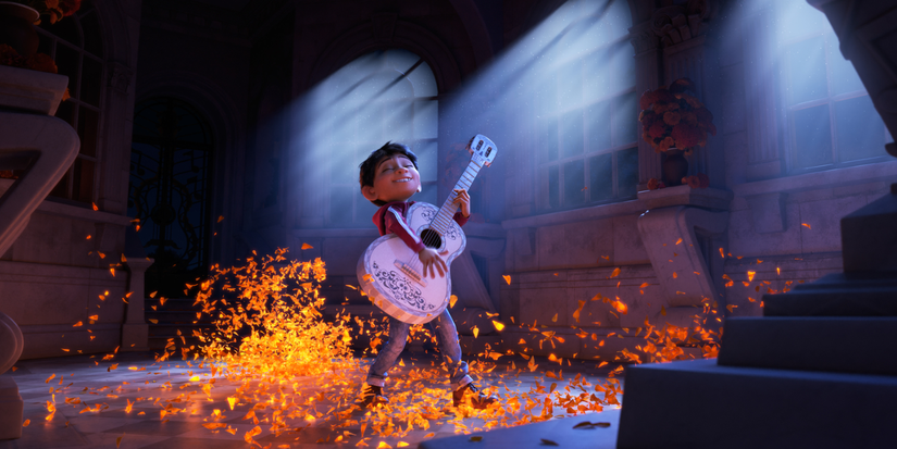 Miguel plays his guitar in Coco.