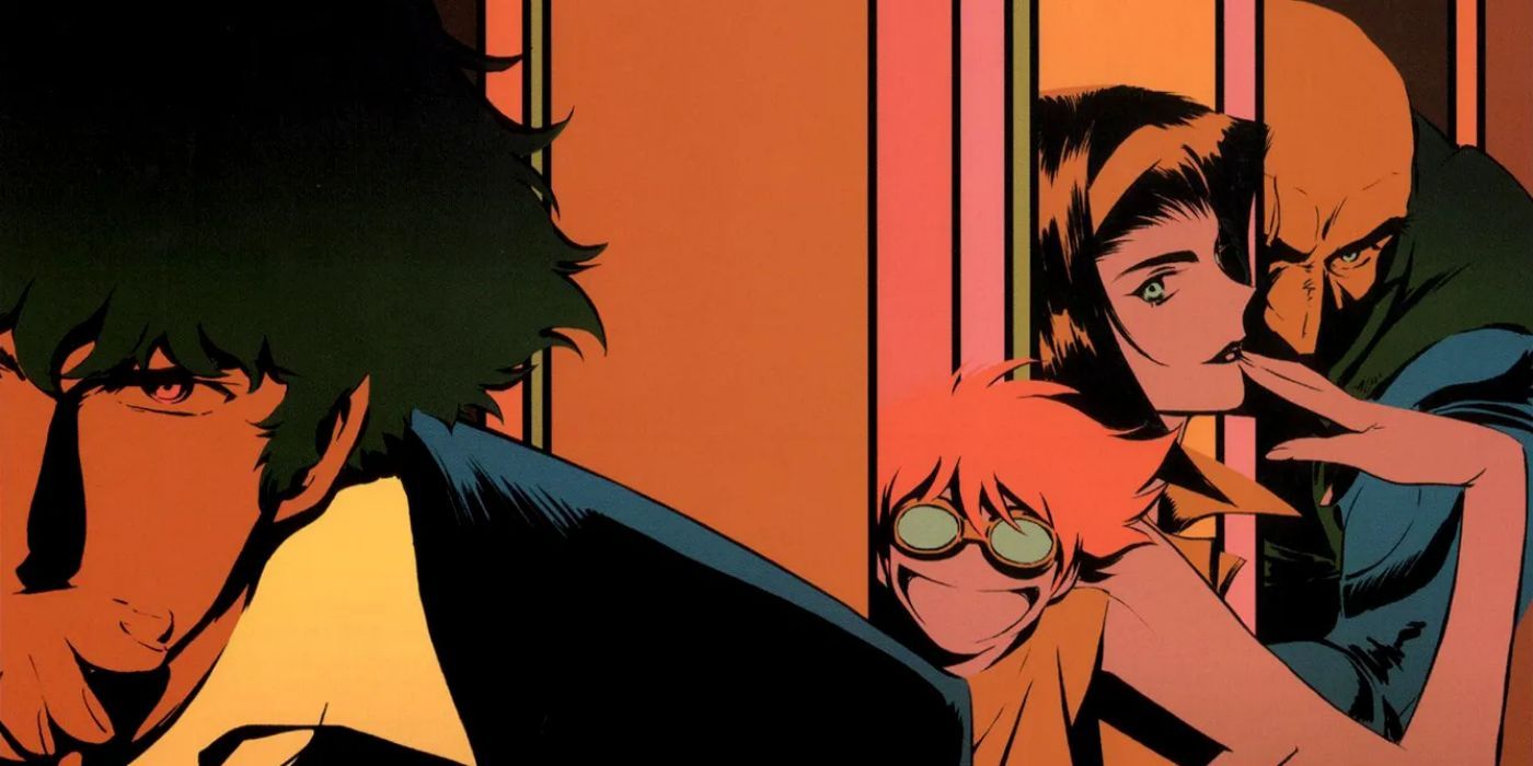 Spike, Edward, Faye, and Jet from Cowboy Bebop illustration drawn by Toshihiro Kawamoto.