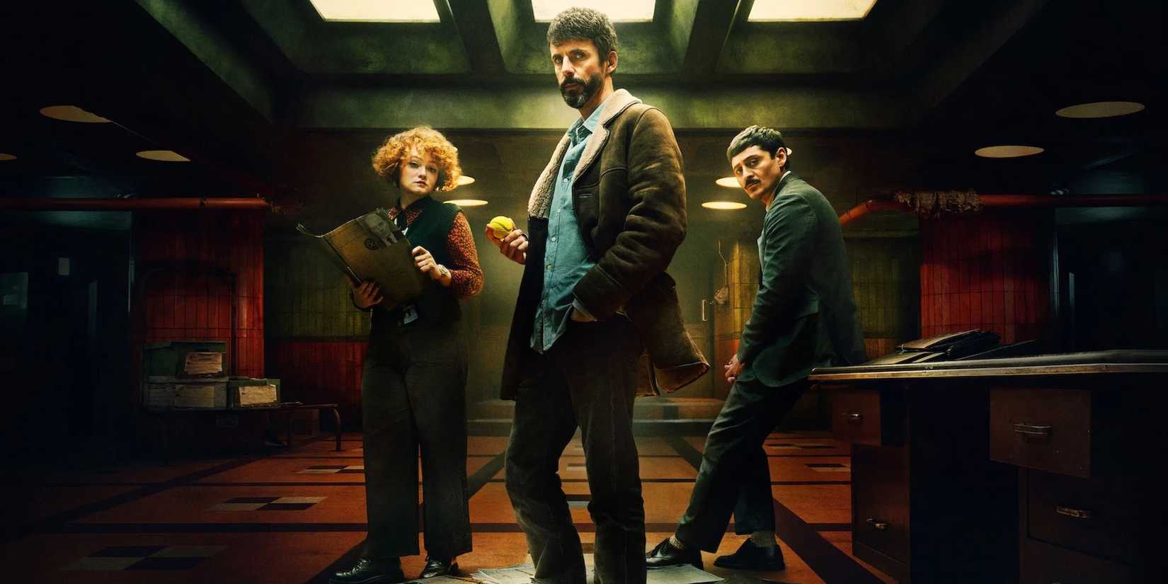 Matthew Goode as Carl Morck center with Alexej Manvelov as Akram and Leah Byrne as Rose in Dept. Q.