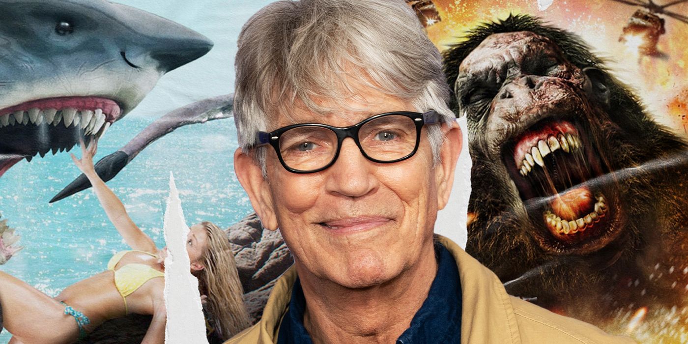 Actor Eric Roberts, with a woman in a bikini being attacked by a shark on his left, and blazing helicopters swirling around a giant ape on his right.
