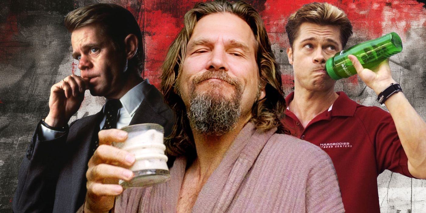 William H. Macy as Jerry in Fargo nervously biting his nails, Jeff Bridges as The Dude holding a glass of milk, and Brad Pitt as Chad in Burn After Reading, taking an obnoxious sip from a sports bottle.