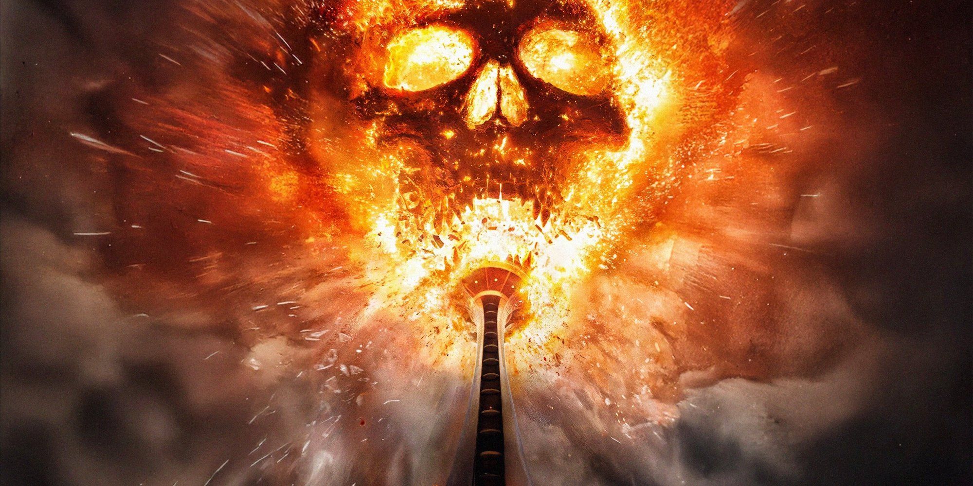 A Flaming skull explodes over a tower in promo art for Final Destination Bloodlines.