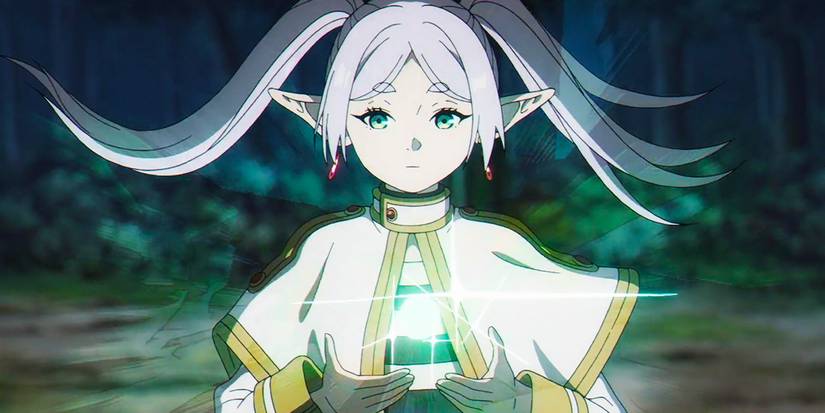 Frieren with a glowing orb in Frieren: Beyond Journey's End.