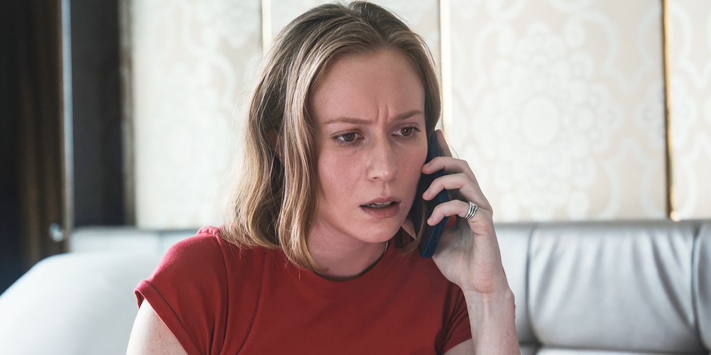 Hannah Einbinder's Ava Daniels talking on the phone with a furrowed brow in the Season 4 finale of Hacks.