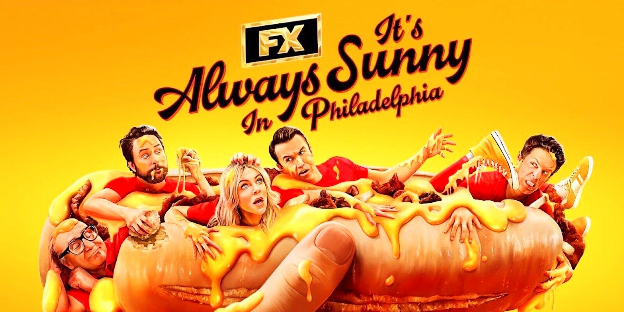 The promotional poster for It's Always Sunny in Philadelphia Season 17: FX with the title of the show, over a picture of the gang inside a hotdog bun and covered with mustard