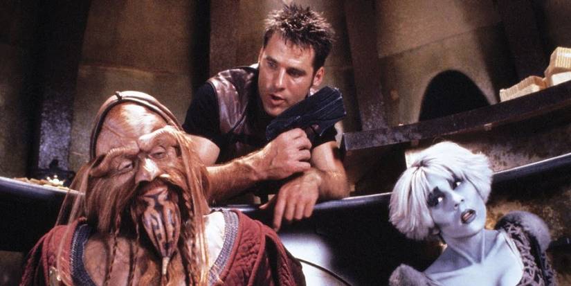 John Crichton as Ben Browder, Anthony Simcoe as D’Argo and Gigi Edgley as Chiana in Farscape