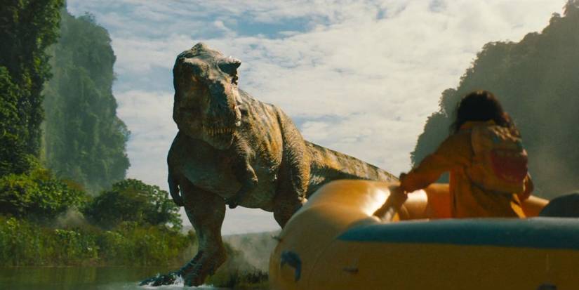 A T. Rex chasing a raft in Jurassic World: Rebirth.