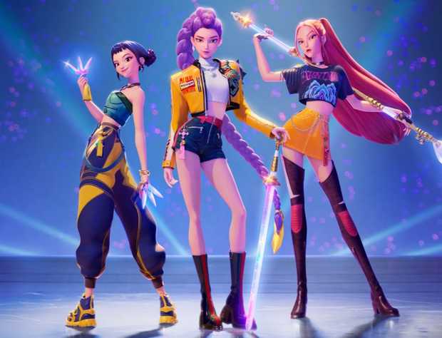 The 72 Best Movies on Netflix Right Now Rumi (Arden Cho), Mira (May Hong), and Zoey (Ji-young Yoo) posing in KPop Demon Hunters.