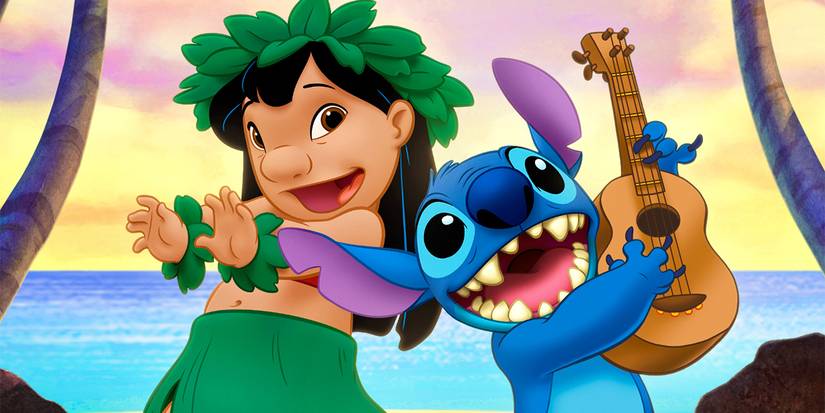 Lilo hula dancing while Stitch plays guitar in Lilo & Stitch