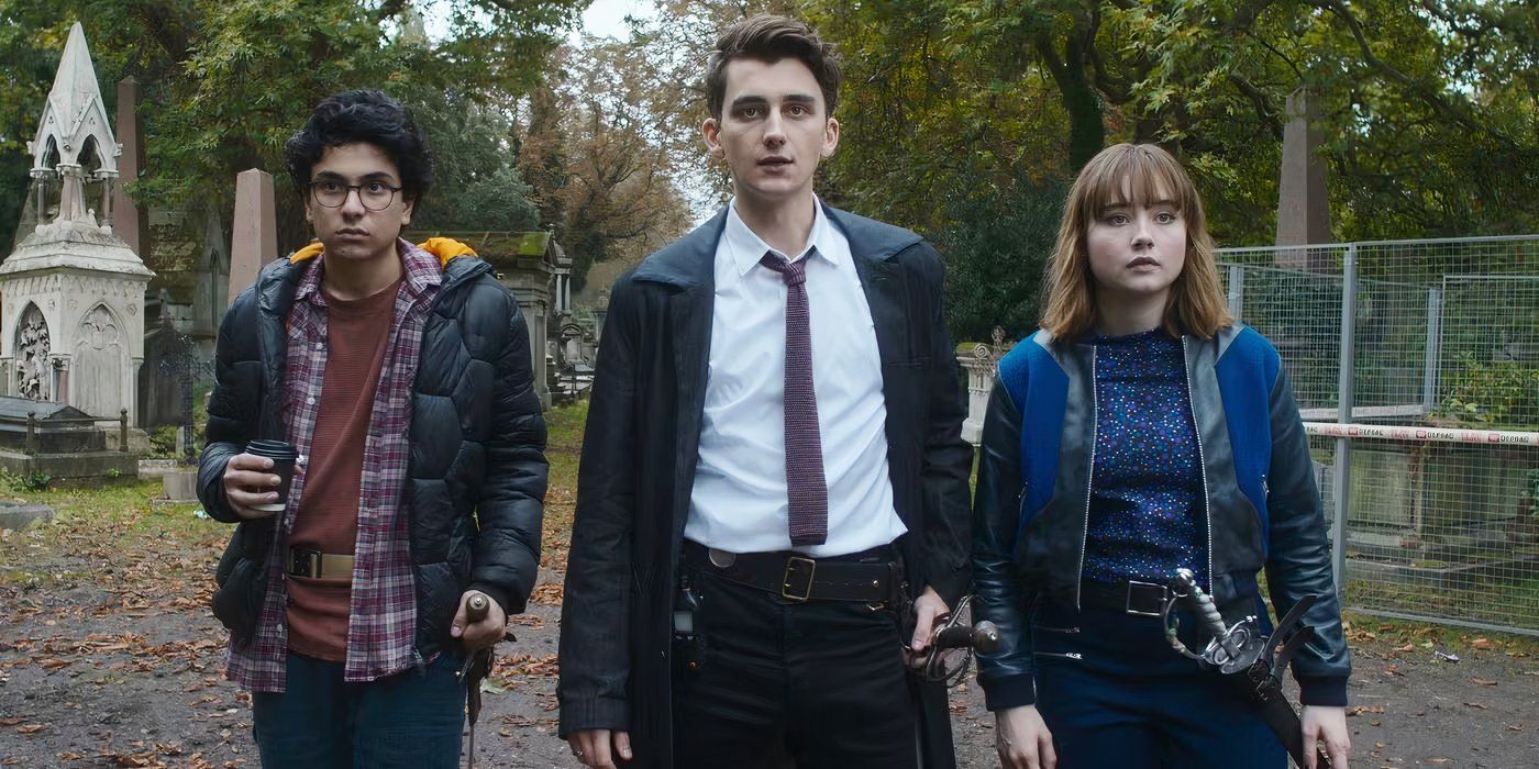 Lockwood & Co's three protagonists (Ruby Stokes, Cameron Chapman, Ali Hadji-Heshmati) stopping short and staring ahead
