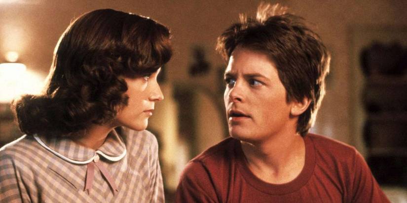 Lea Thompson as Lorraine McFly talks to Michael J. Fox as Marty McFly in Back to the Future.