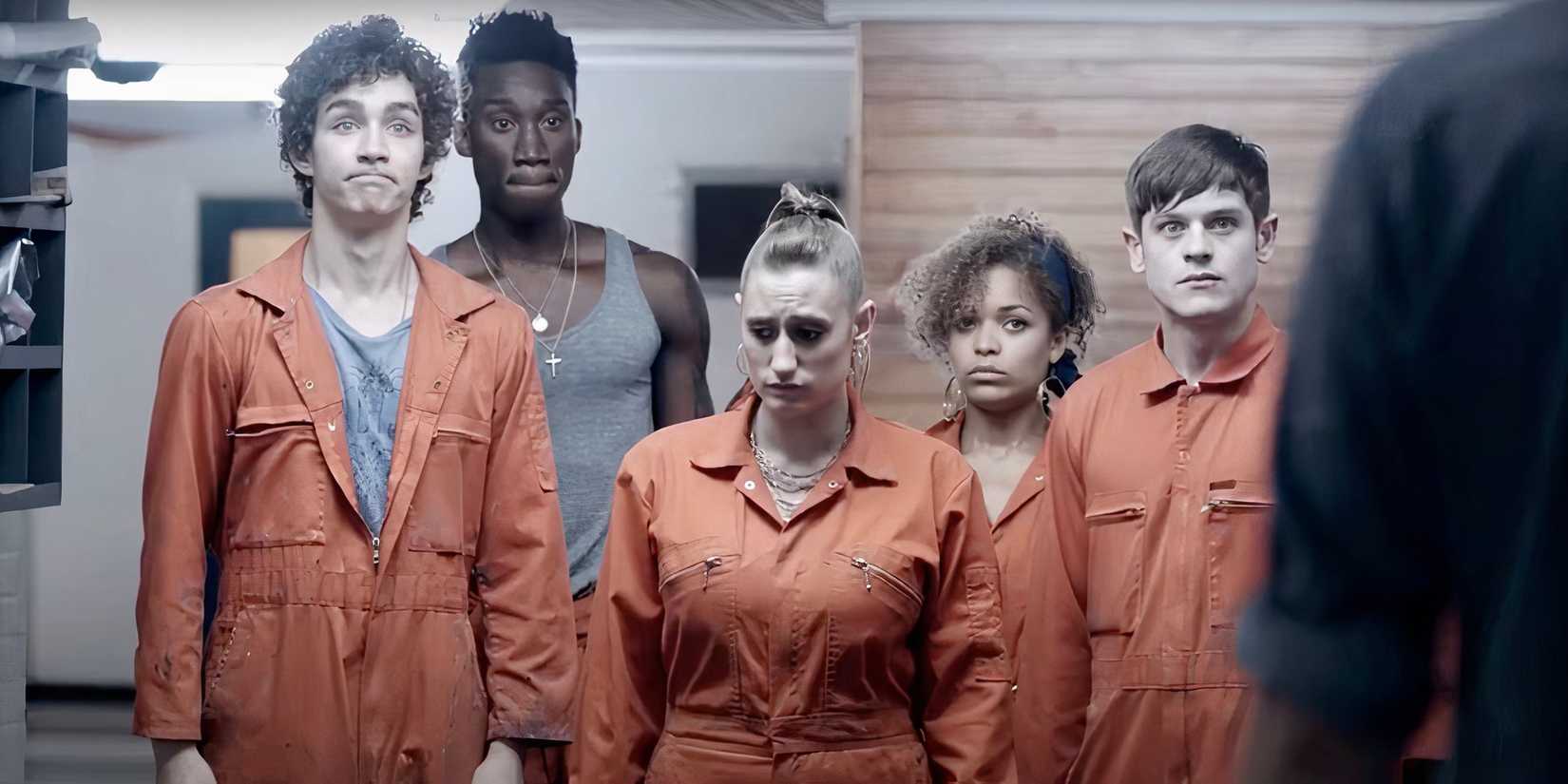 Misfits' cast of characters with a slightly guilty look on their faces.