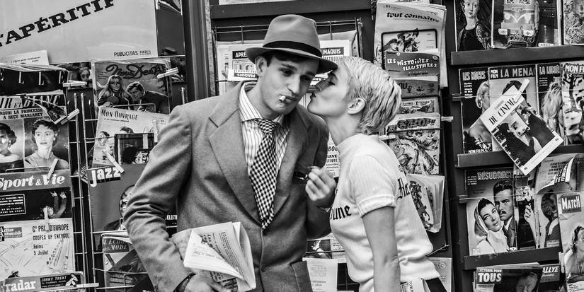 Aubry Dullin and Zoey Deutch as Jean-Paul Belmondo and Jean Seberg in Nouvelle Vague