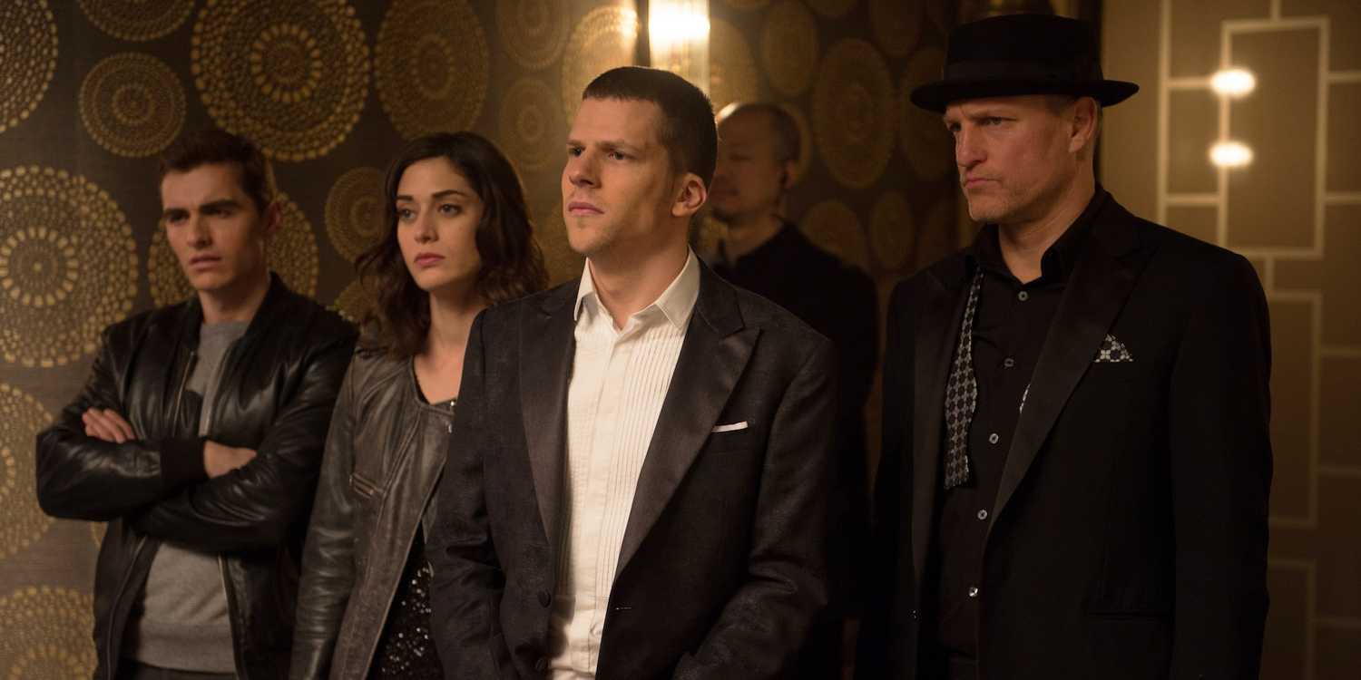 Dave Franco, Lizzy Caplan, Jesse Eisenberg, and Woody Harrelson in Now You See Me 2