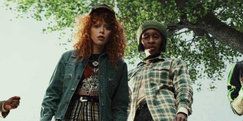 Natasha Lyonne as Charlie and Cynthia Erivo as Delia looking down shocked in Poker Face
