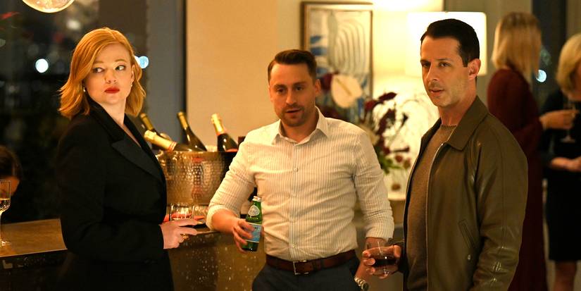 Sarah Snook, Kieran Culkin, and Jeremy Strong at a party holding drinks in Succession Season 4.