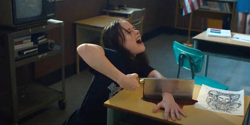 Megan (Suzanna Son) uses special effects to pretend she cut off her hand in Fear Street: Prom Queen.