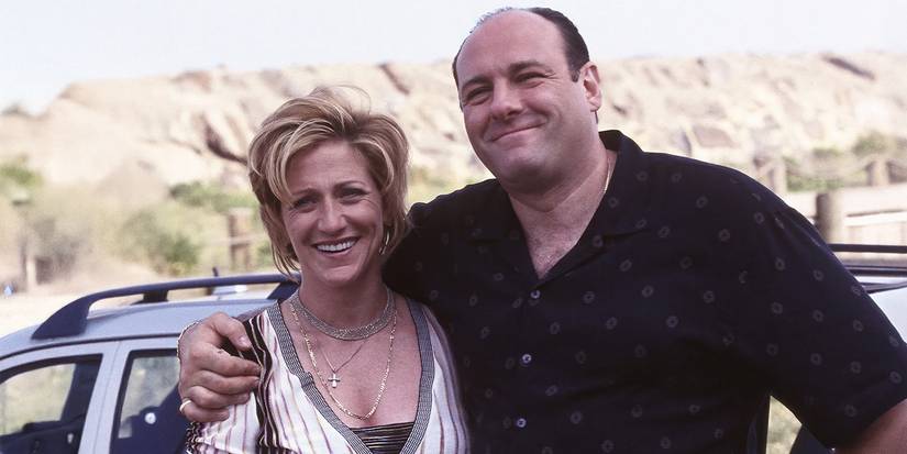 Tony with his arm around Carmela as they both smile in "Whitecaps" in 'The Sopranos'.