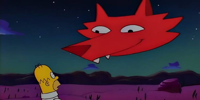 A coyote head smiling down at Homer from an evening sky in The Simpsons.