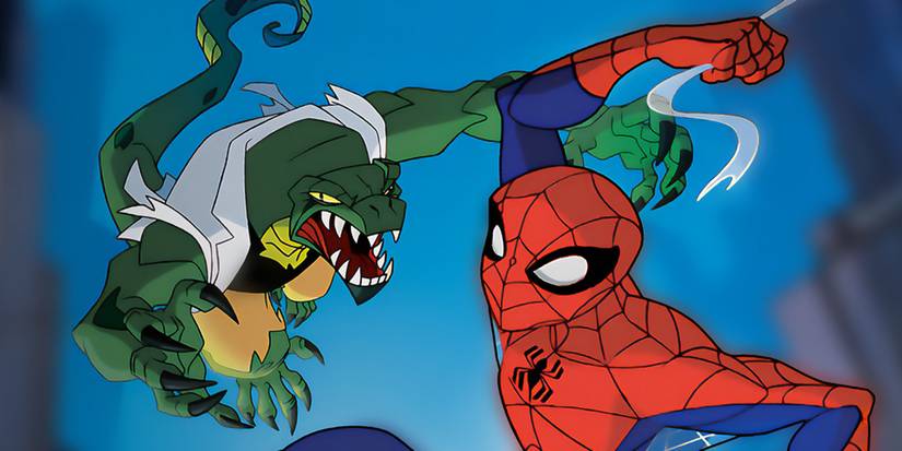 Spider-Man fights the Lizard in the sky in The Spectacular Spider-Man.