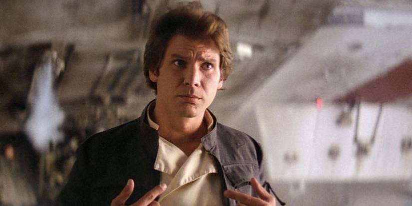 Harrison Ford as Han Solo in 'Star Wars: The Empire Strikes Back' gestures and tries to look unassuming.