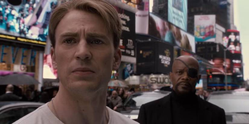 Steve Rogers looking solemn in front of Nick Fury in Captain America: The First Avenger