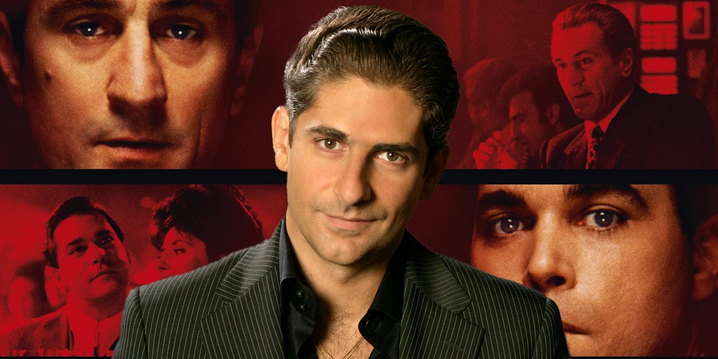Michael Imperioli as Christopher from The Sopranos with scenes from Goodfellas behind him.