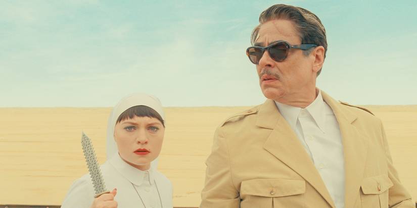 Benicio del Toro and Mia Threapleton in The Phoenician Scheme