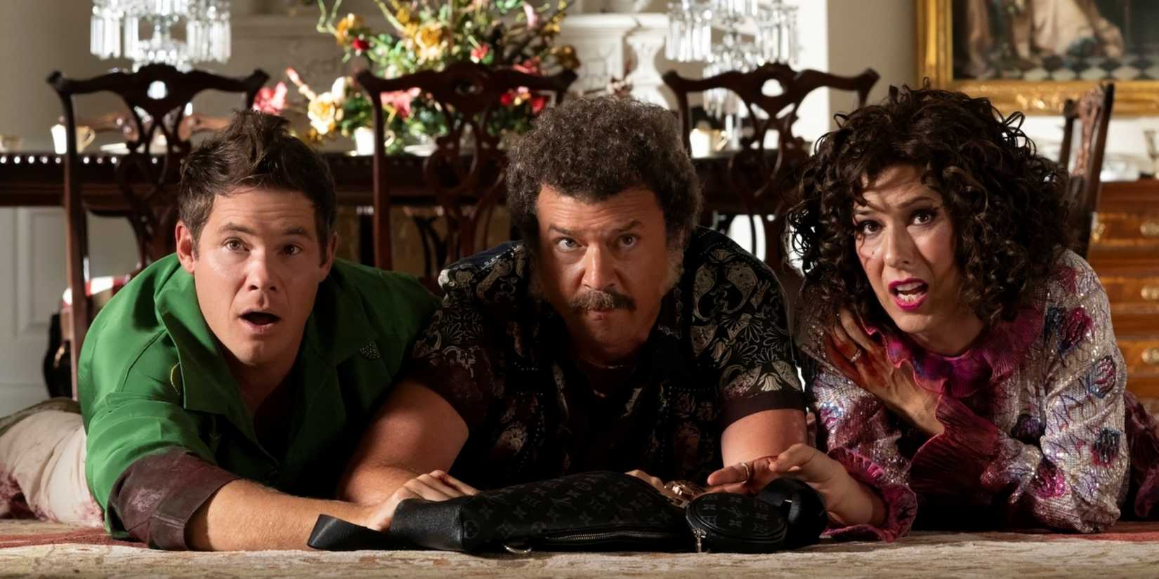 Edi Patterson as Judy, Danny McBride as Jesse & Adam Devine as Kelvin on the floor in The Righteous Gemstones
