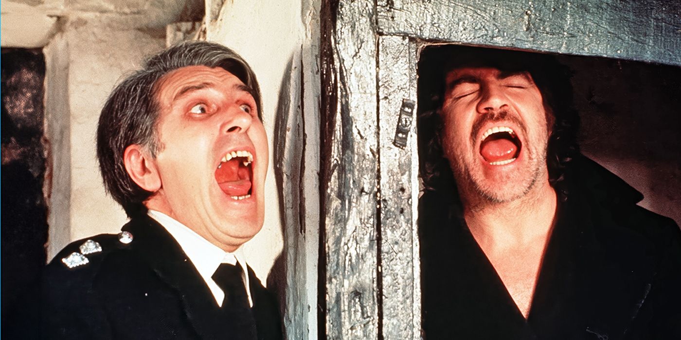 Alan Bates as Charles, standing on one side of a wall screaming, while a police officer on the other side, played by actor John Rees, does the same in The Shout.