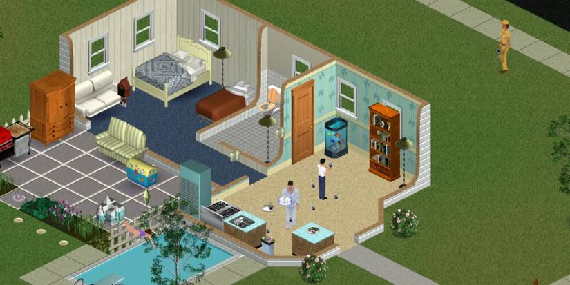 The inside of a house with people in it in the game The Sims