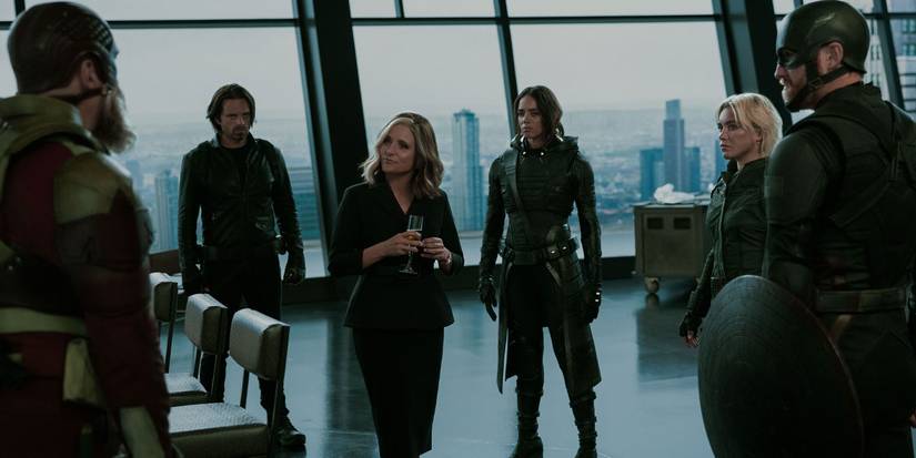 Julia Louis-Dreyfus and the cast of Thunderbolts* in a tall office building.