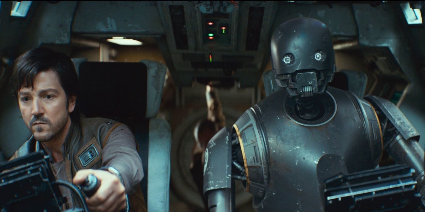 Diego Luna and K-2 in the cockpit of a ship in Andor Season 2.