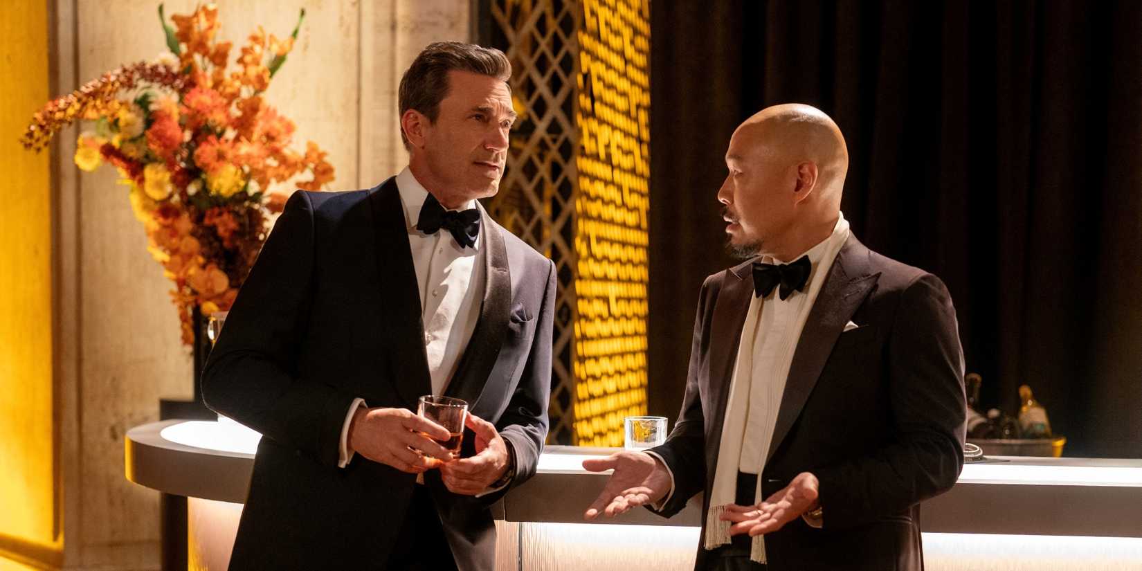 Jon Hamm as Coop in a tux with Hoon Lee as his best friend Barney in Your Friends & Neighbors.