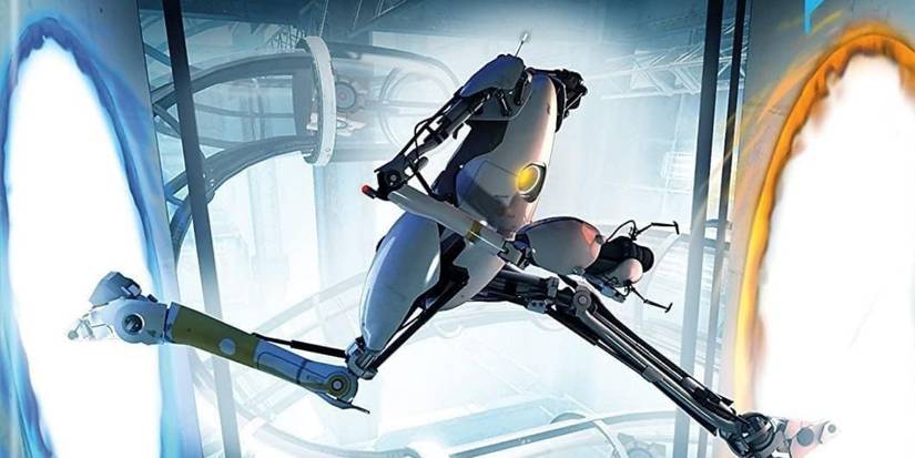 A robot jumping between portals in Portal 2