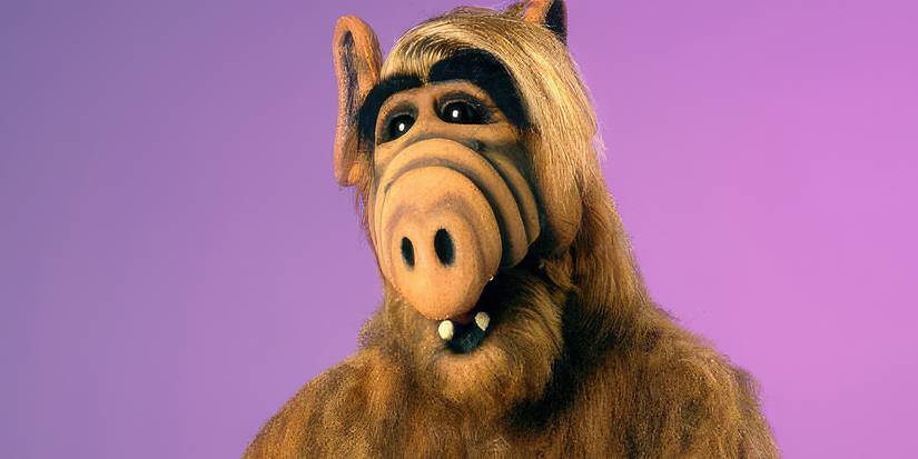 ALF the puppet, voiced by Paul Fusco, looking ahead with a plain purple background for the TV series ALF.