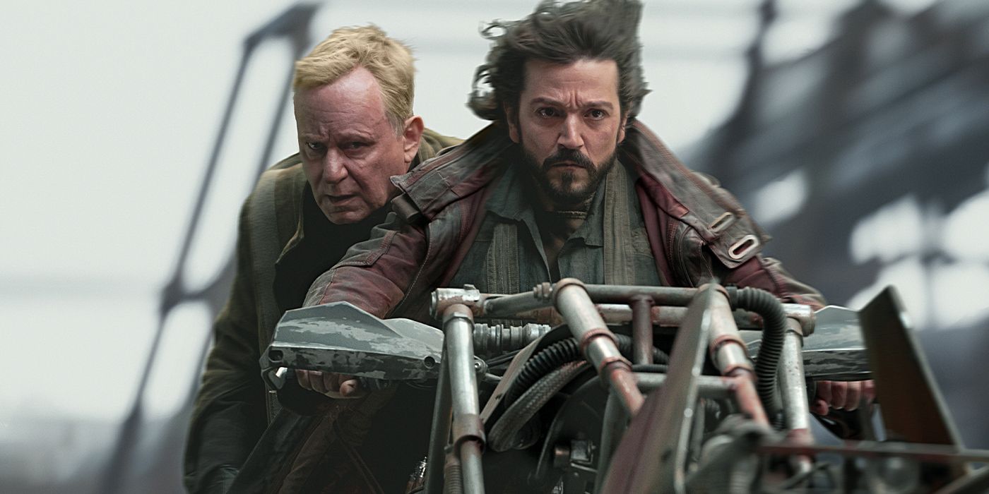 Luthen Rael and Cassian Andor ride a motorbike in Andor.