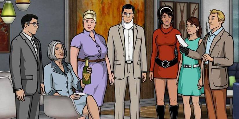 The main characters of Archer are standing in an office, one holding a letter and one holding champagne.