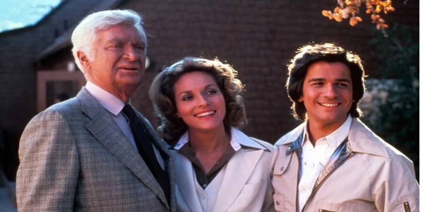 Barnaby Jones stands next to Betty and J.R. in Barnaby Jones.