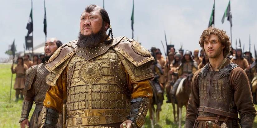 Benedict Wong as Kublai Khan and Lorenzo Richelmy as Marco Polo in Marco Polo