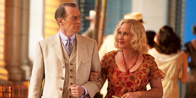 Steve Buscemi as Nucky Thompson walking with Patricia Arquette as Sally Wheet in 'Boardwalk Empire'