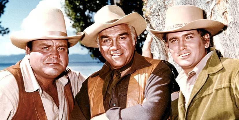 Dan Blocker as Hoss, Lorne Greene as Ben, and Michael Landon as Little Joe on Bonanza.