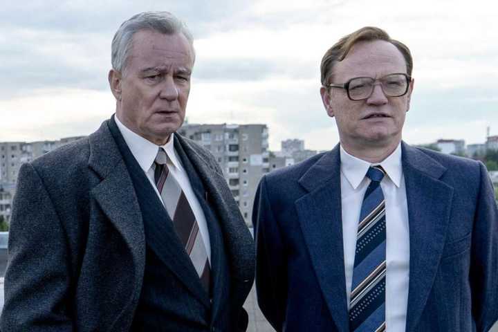 Boris (Stellan Skarsgard) and Valery (Jared Harris) stand outside in 'Chernobyl.'