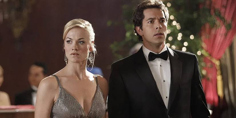 Yvonne Strahovski as Sarah and Zachary Levi as Chuck in formal wear, looking concerned in Chuck.
